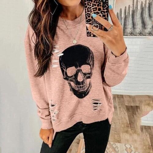 2020 Spring and Autumn Womens Fashion Plus Size O-neck Skull Printed Holes Punk Style Long Sleeve Cotton Pullover Sweatshirts