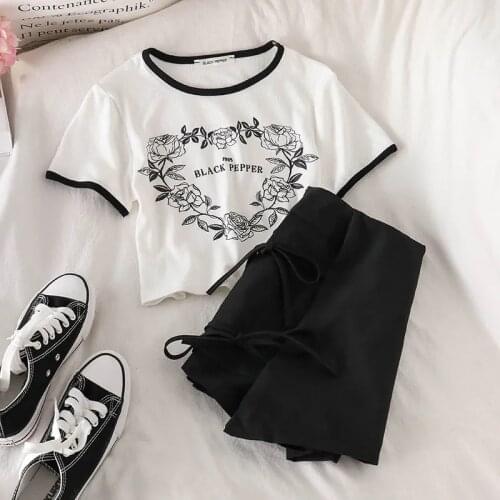 JUMPRS Summer Women Two Piece Sets Sexy White Print Crop Tops Elastic High Waist Fashion Lace Up Shorts Streetwear Female Suit