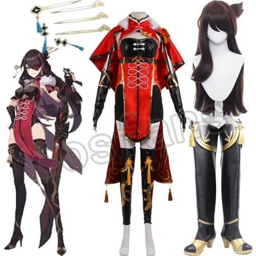 Genshin Impact Beidou Cosplay Costume Beidou Cosplay Dress Women Black Red Costume Beidou Wig Removable Bun Brown Long Wig Shoes