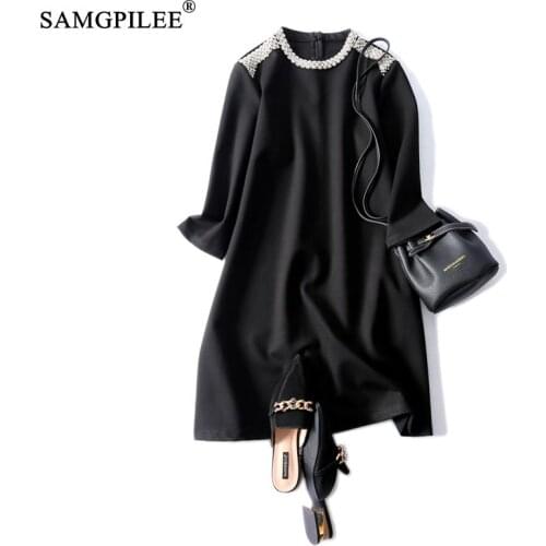 Vintage Dress 2021 Casual Korean Fashion Clothing A-line Solid Three Quarter Sleeve Rivet Plus Size Empire O-neck Women Dresses
