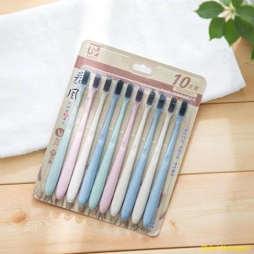 10pcs/set Natural Wheat Straw Handle Bamboo Charcoal Bristle Eco Friendly Toothbrush Adult Soft Ultra Fine Bristles Toothbrushes