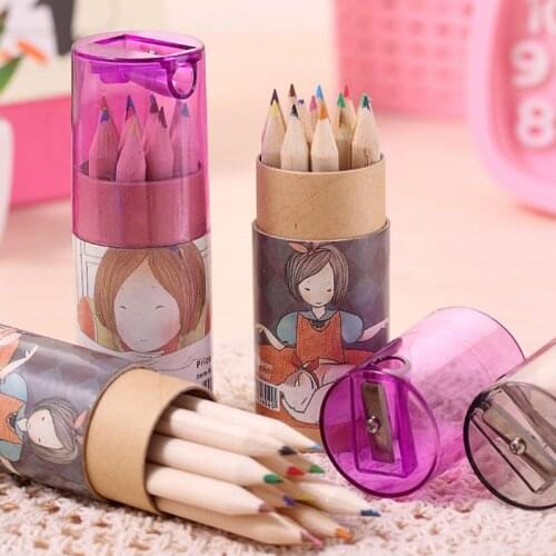 12 Color/set Cartoon Wooden Colored Pencil Set With Pencil Sharpener Portable Writing Drawing Coloring Pencil Stationery