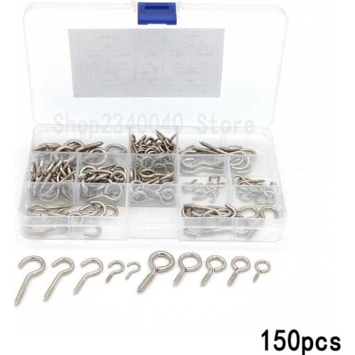 150Pcs/set Screw Hooks and Screw Eyes Kit Assortment Size Ceiling Hooks Cup Hooks nickel Plated Self-tapping Screws Hooks Ring