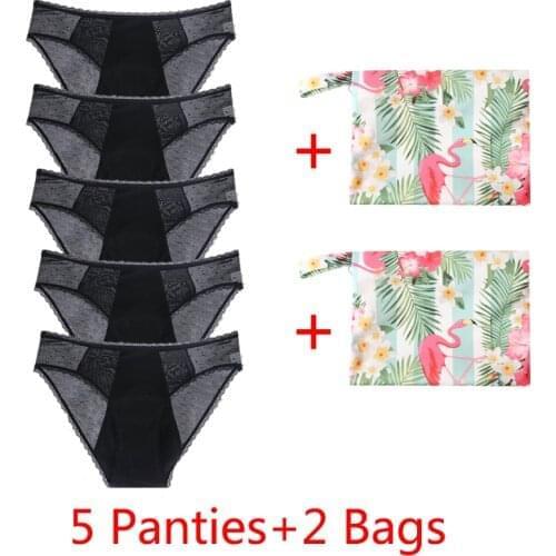 5Panties with 2Bag Sexy Lace Leakproof Menstrual Panties New Breathable Fast Absorbent Underwear Women Menstrual Briefs lingerie