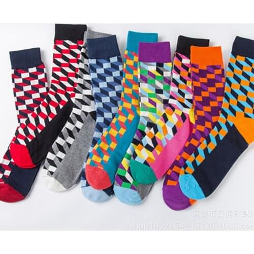 1Pair Funny Socks Men Geometric Diamond Pattern Stitching Color Cotton Breathable Stance Stockings Football Sports Christmas