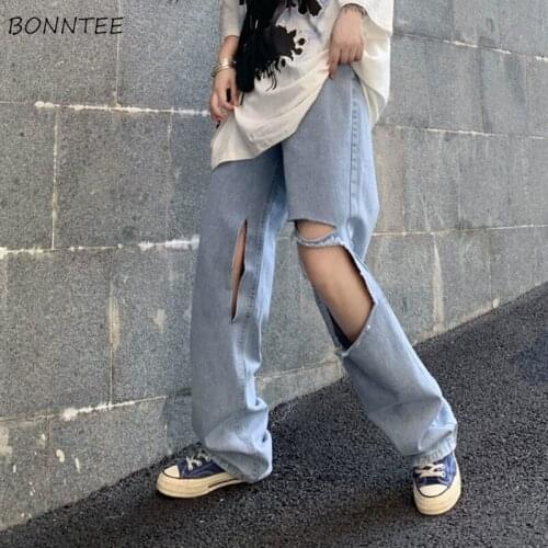 Jeans Women Summer Simple All-match Vintage Sweet Japanese Style Fashion Hole Leisure Daily Students New Wide Leg Loose Fit Chic