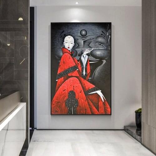 Retro Chinese Girl Canvas Painting Red Japanese Dress Posters and Prints Modern Home Decoration Wall Art Picture for Living Room