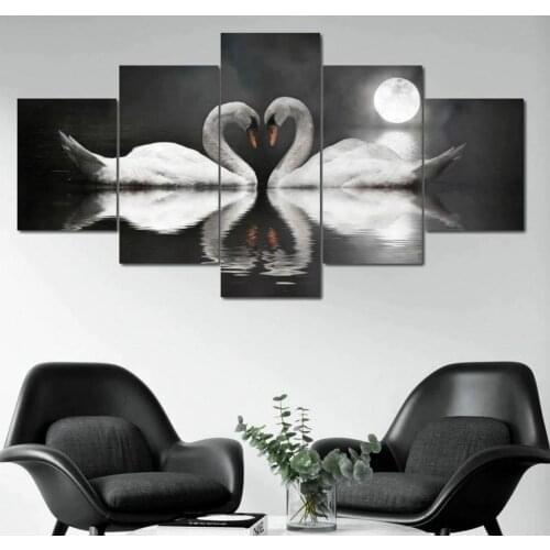 Swan Couple Full Moon 5 Panel Canvas Picture Print Wall Art Canvas Painting Wall Decor for Living Room Poster No Framed