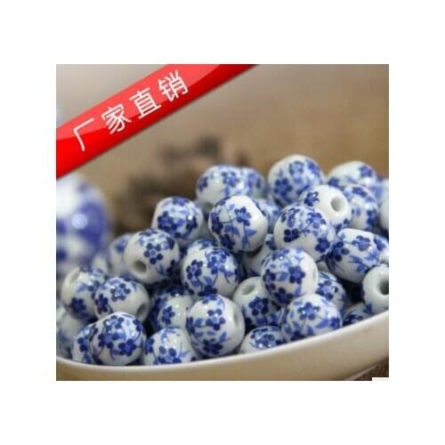 20pcs White Color With Blue Design Round Ceramic Bead Eco-friendly Material 8mm
