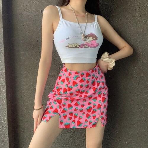 Summer Holiday Sexy Women Strawberry Print High waist Picnic Party Split Pencil Mini Hip Package Skirt Clubwear