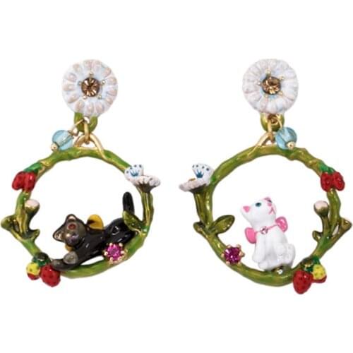 Mi Chunri Garden European and American Style Hand-painted Enamel Glaze Black and White Cat Pendant Stud Earrings Clip Earrings