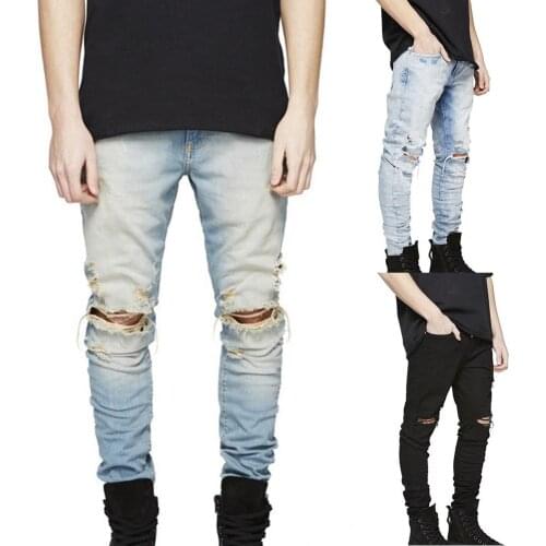 Fashion Men Destroyed Ripped Slim Jeans Skinny Denim Pants Stretch Long Trousers Slim Jeans Skinny Denim Pants Long Trousers