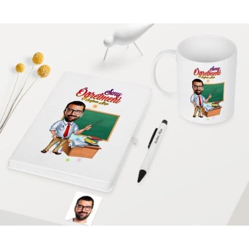 Personalized Mr Teacher Themed Caricature Of White Notebook Pen Mug set-1