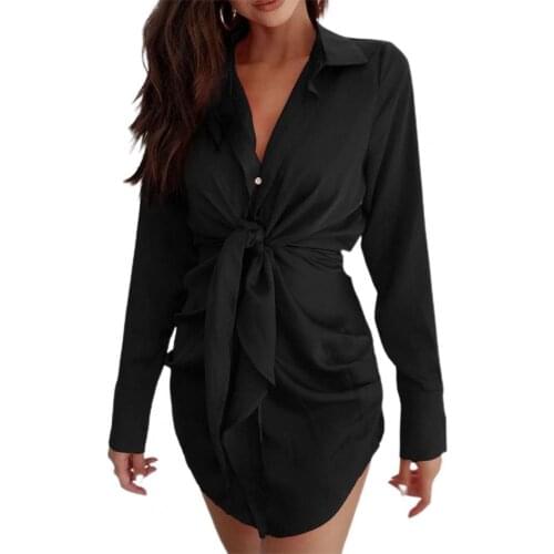 Shirt Dress Solid Color Deep V Women Mid Waist Lace-up Bodycon Dress Streetwear elegant Womens Clothing 2021 xxxl vestidos