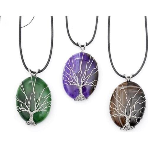 Natural Agate Pendants 5 Colors for Choice Pure Manual Natural Stone Twisted Wire Tree Egg Pendant Agate Life Tree Top Selling