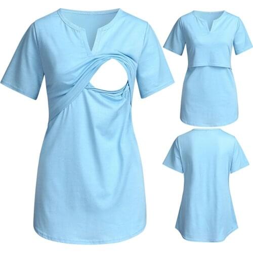 Maternity Short-Sleeved Shirt Solid Color T-Shirt Breastfeeding Clothing Pregnant Women Casual Breathable Confinement Clothing