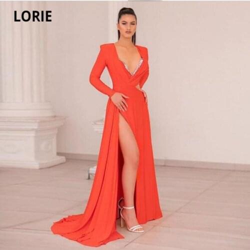 LORIE Arabic Evening Dresses 2021 V-Neck Beaded with Rhinestones High Side Split Long Sleeve Mermaid Pageant Prom Party Gowns