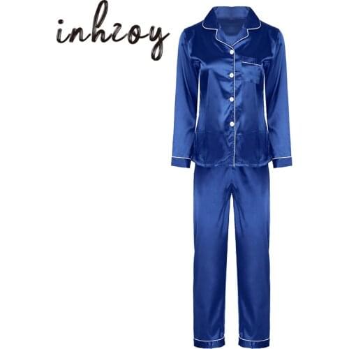 Spring/Autumn Women Sleepwear Long Sleeve Button Down Blouse Shirts Sleep Tops with Pants Satin Pajamas Set Nightwear Loungewear