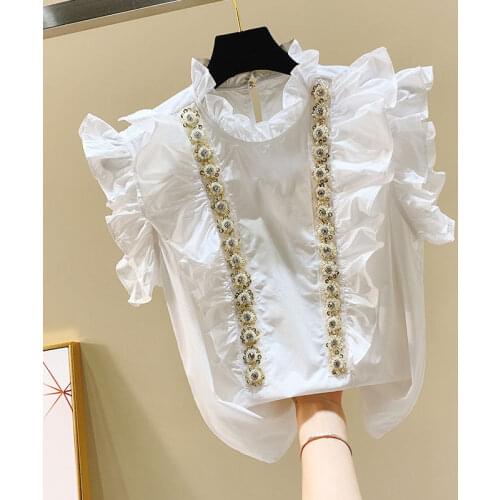 2021 spring and summer new Korean style sleeveless shirt women sweet ruffled stand-up collar chiffon top