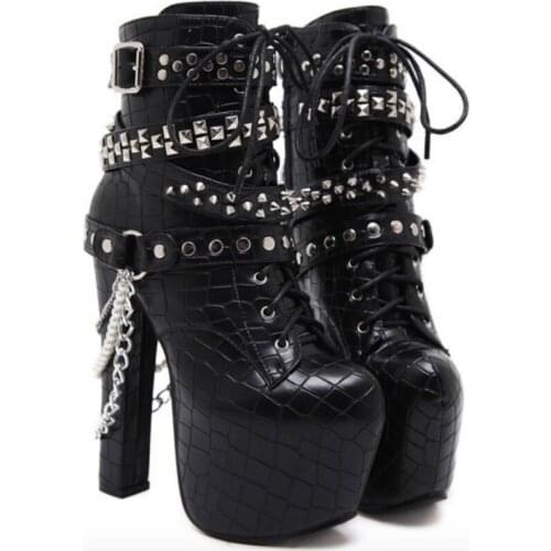 Women Thick Bottom Ankle Boots Chains Ladies High Heels Pumps Punk Style Platform Shoes Motorcycle Martin Botas Mujer