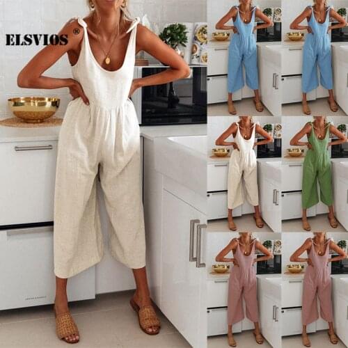 2021 Summer Fashion New Sling Cotton And Linen Jumpsuit Casual Sleeveless Solid Color Loose Slim Jumpsuit Elegant Beach Jumpsuit