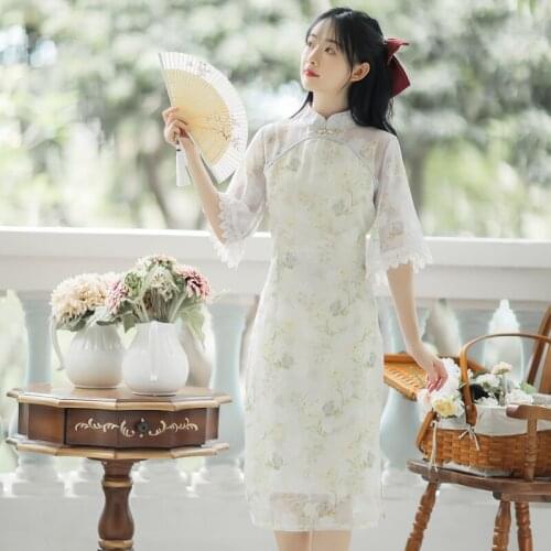 Chinese style Retro Printed Cheongsam Dress Summer Printed Chiffon Lace Stitching Elegant Style Cheongsams Women