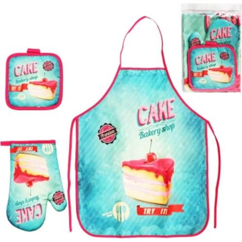 3pcs Apron Microwave Oven Gloves Insulation Pad Set Women Kitchen Cooking Aprons