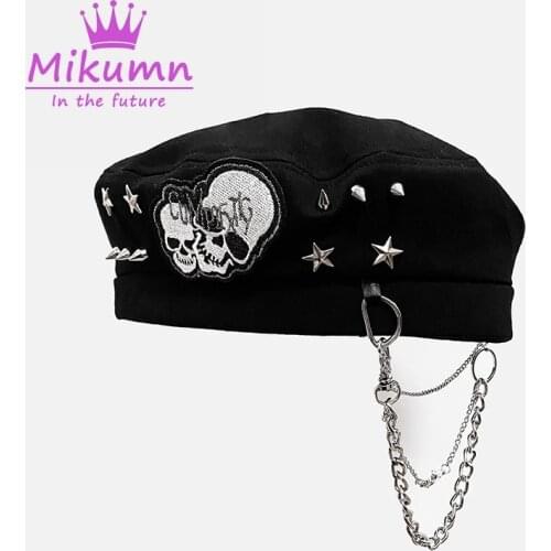 Harajuku Gothic Skull Rivets Chain Black Beret Hats Women Casual Grunge Punk Hip Hop Streetwear