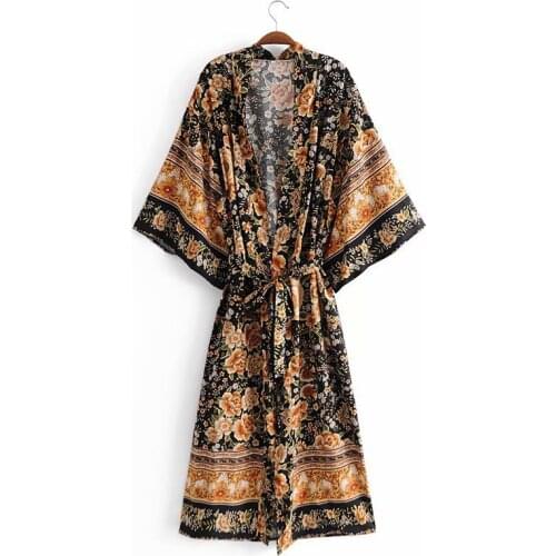 Fitshinling Cotton Vintage Kimono Autumn Slim Beach Cover-Up With Sashes Bohemian Print Floral Sexy Bathrobe Long Cardigan Women
