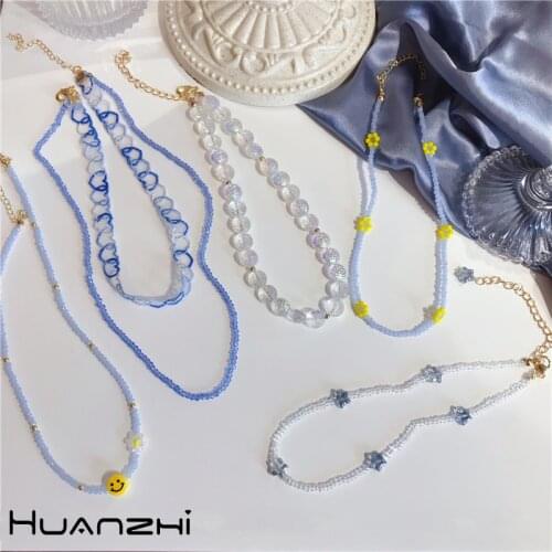 HUANZHI 2021 New Sweet Blue Smiley Flower Star Heart Transparent Beads Choker Necklace For Women Girls Party Jewelry