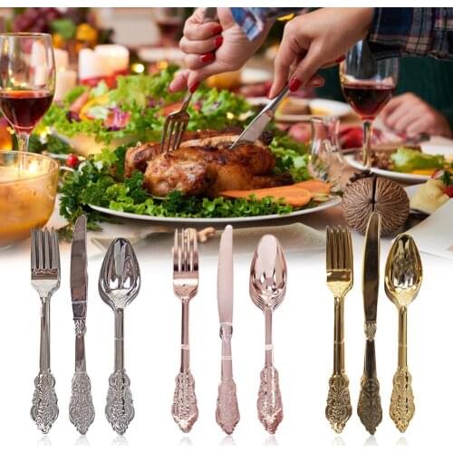 12PCS Disposable Imitation Metal Plastic Gold Silver Carved Embossed Disposable Cutlery Western Wedding Party Tableware Set