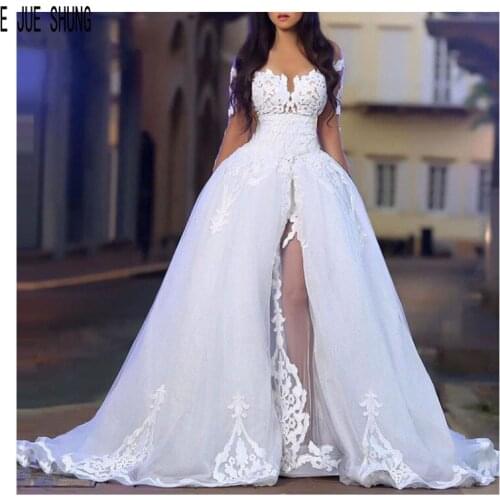 E JUE SHUNG New Vintage Dubai Wedding Dresses Scoop Neck Long Sleeves Lace Appliques Bridal Gowns High Split robe de mariee