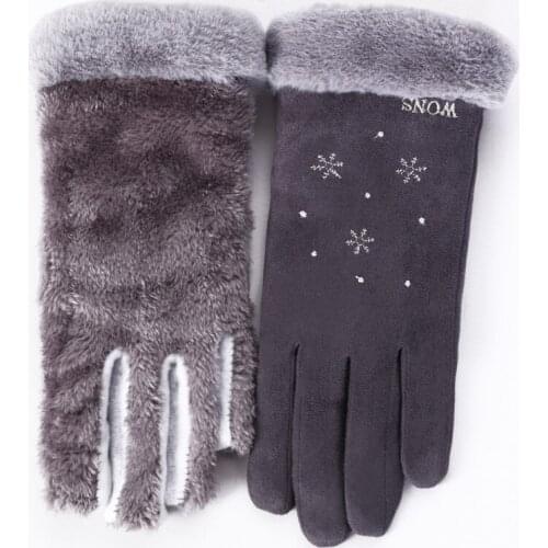 New Winter Female Lace Warm Cashmere Three Ribs Cute Bear Mittens Double Thick Plush Wrist Women Touch Screen Driving Gloves