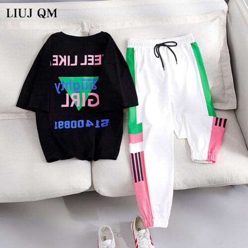 Casual Sports Suit Female Summer 2020 New Fashion Print T-shirt + Trouser Suit Korean Style Plus Size Loose Two Piece Set Women