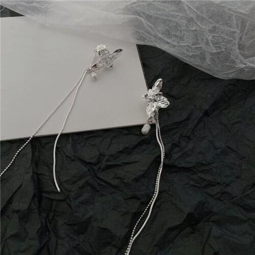 Origin Summer Metallic Flower Long Tassel Earrings for Women Silver Color Alloy Floral Clip Earrings Minimalist Party Jewelry