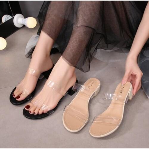Transparent sandals women double clear band slides summer shoes woman open toe thick heel sandalias mujer 43 big size slippers