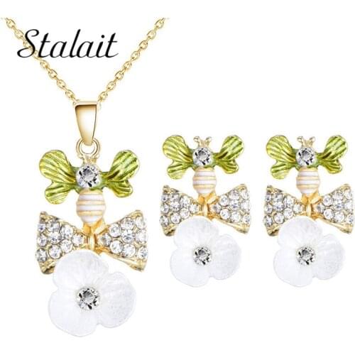 Romantic Green Gold Color Bow-knot Jewelry Set Acrylic White Flower For Bridal Lovely Chain Necklace Earrings For Women