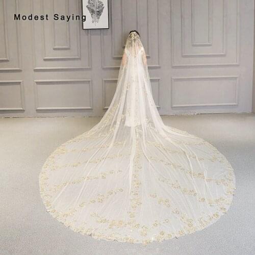 Luxury 3.5m Gold Sequined Lace Wedding Veils 2019 with Comb Cathedral Champagne Bridal Veil Wedding Accessories velos de novia