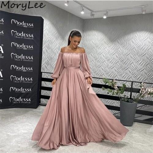 Prom Dresses Pink Long Sleeves A-Line Floor Length Spandex Satin Prom Dresses With Zipper Back vestidos de fiesta de noche