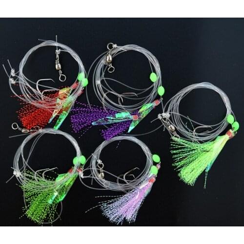 Flasher Fishing Rigs 1 Piece Sea Fishing Fish Skin Lure Flasher Sabiki Rig Snelled Fishing Rig with Two Hooks For Herring