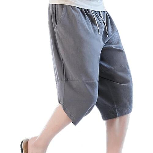 Men Shorts Solid Color Capri Pants Elastic Waist Men Wide Leg Irregular Hem Thin Men Pants Sweatpants Loose Drawstring Short