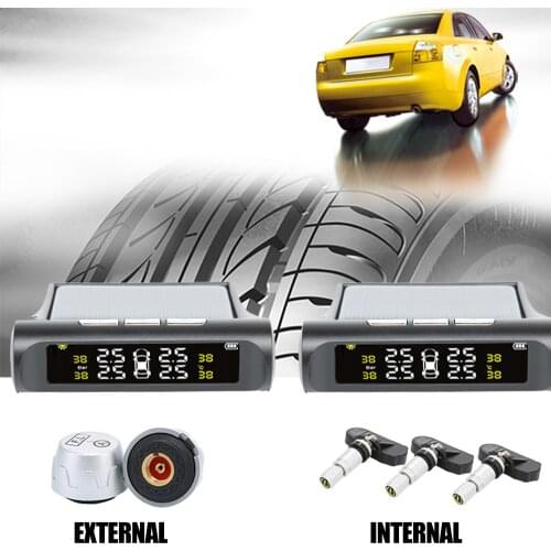 Solar TPMS Car Tire Pressure Alarm Monitor System Display 4 Internal / External Sensor Temperature Warning Solar Powered Monitor