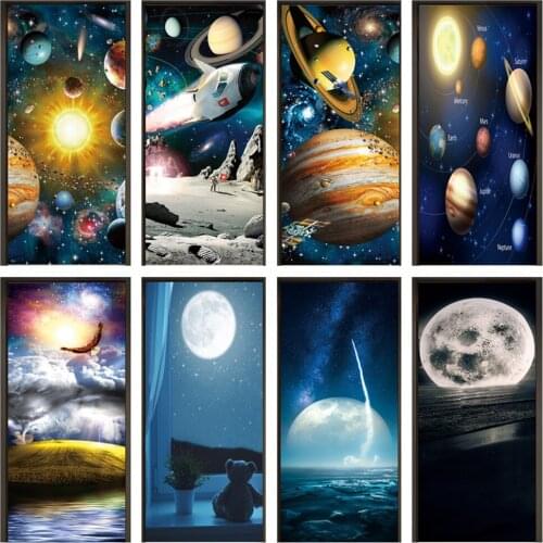 Super Cool Children Bedroom Decorative Door Sticker Solar System Celestial Body Moon Beautiful Outer Space Kids Room Wall Decals