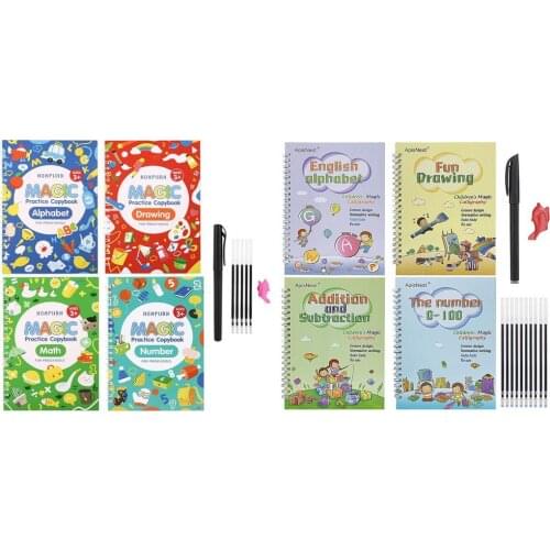 4 Books + Pen Magic Practice Book Free Wiping Childrens Toy Writing Lettering Sticker English Copybook Reusable Handwriting Set