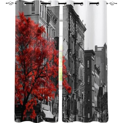 Street City Apartment Red Fall Tree Room Curtains Large Window Living Room Curtains Bathroom Outdoor Bedroom Decor Swag Window
