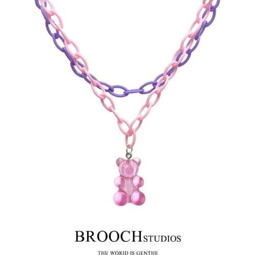 1Pcs Double Layer Multicolor Chain Bear Pendant Necklace For Women Cute Suspension Handmade Set Neck Trendy Y2K Jewelry Gifts