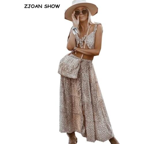 2019 Bow Tide Ruffle Strap Leopard Bra Tank Top Crop Top Sexy Women Elastic Waist Maxi Long Skirt Ruched Camis Tops 2 Pieces Set