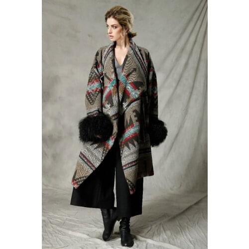 Winter Original Autumn Brand Women National Trend Large Lapel Indian Totem Print Mongolian Fur Sleeve Oversized Warm Woolen Coat