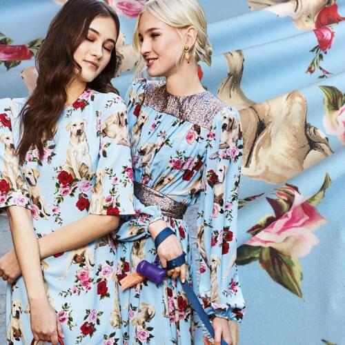 100x145cm Fashion Dog and Rose Digital Printed Imitate Silk Satin Fabric For Woman Dress Blouse Pants DIY Sewing