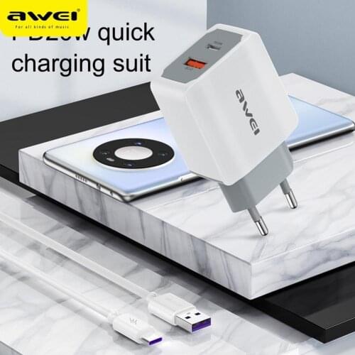 AWEI PD4 Portable Fast Charging EU Plug QC3.0 PD 20W USB C Phone Charger with 5A Type-C Data Cable for Huawei